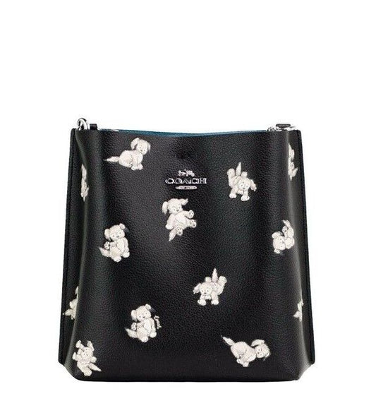 Mollie 22 Dog Print Black Leather Bucket Crossbody Handbag Purse