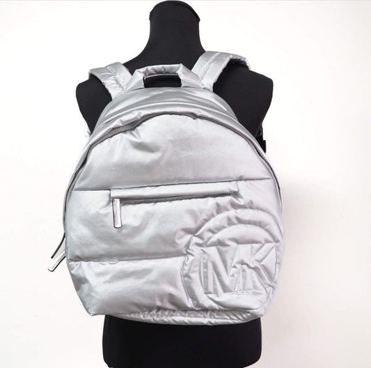 Rae Medium Silver Quilted Nylon Fabric Shoulder Backpack Book Bag