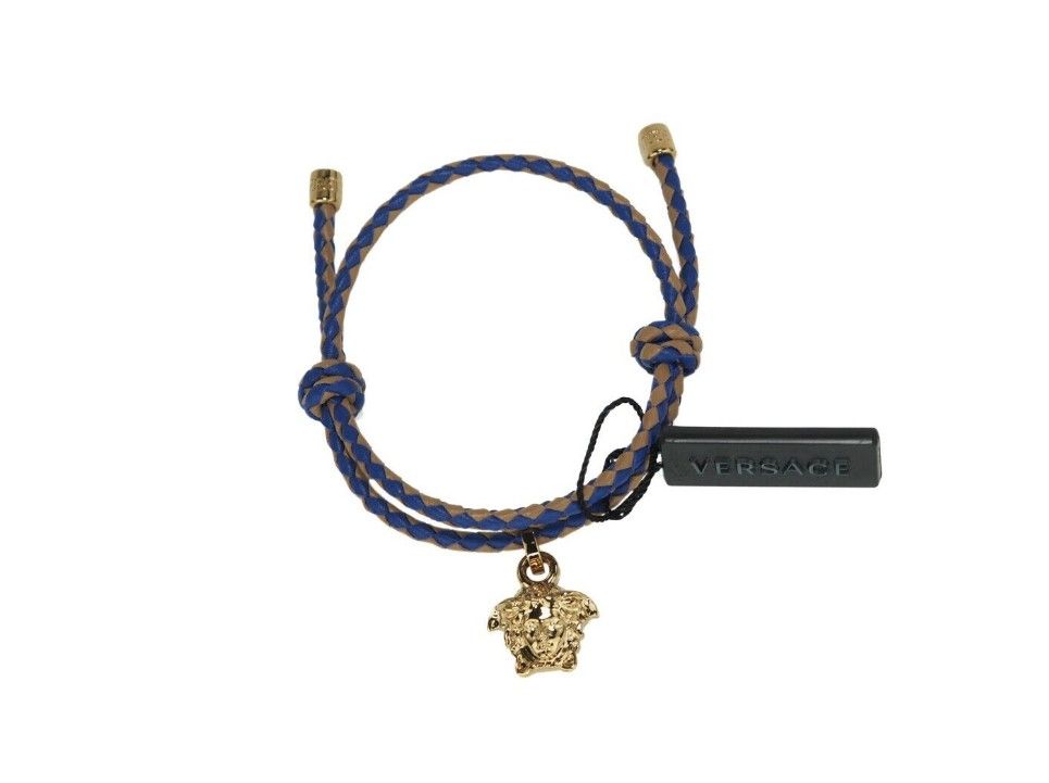 Braided Brown Blue Smooth Leather Adjustable Small Medusa Charm Bracelet