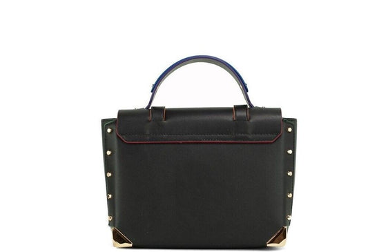 Manhattan Medium Black Contrast Trim Leather Satchel Purse Handbag