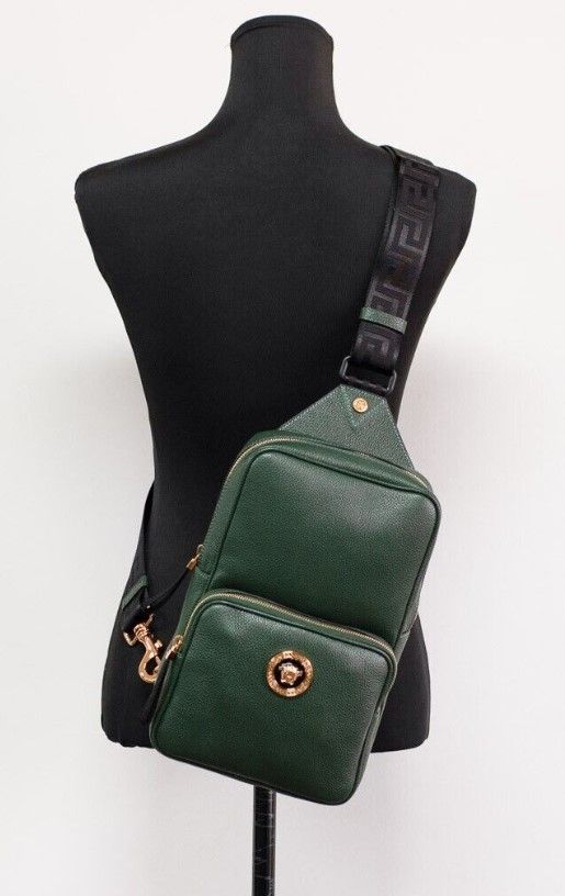 Medusa Small Dark Green Calf Leather Sling Pack Backpack Bookbag Bag