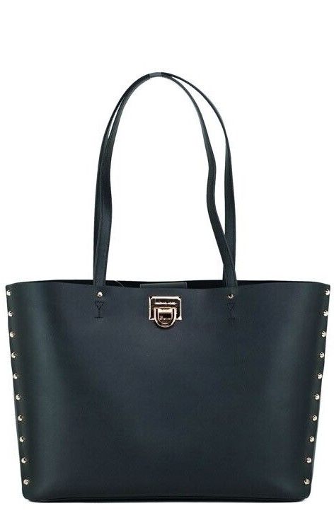 Manhattan Large Black Smooth Leather Studded Shoulder Tote Handbag