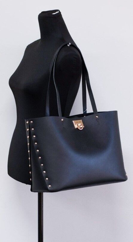 Manhattan Large Black Smooth Leather Studded Shoulder Tote Handbag