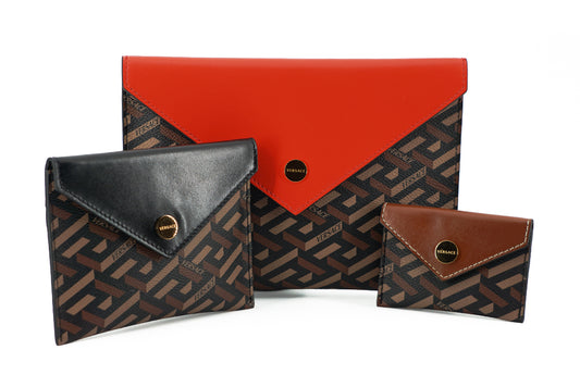 Elegant Versace Trio Pouch Set in Red & Brown