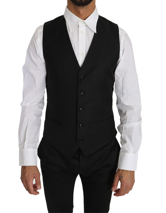 Sleek Black Wool-Silk Formal Vest