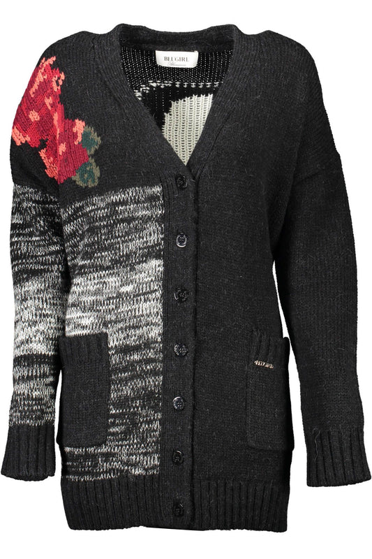Classic Black Wool Cardigan with Contrasting Details