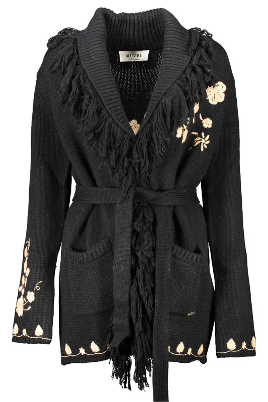 Elegant Black Wool Cardigan with Embroidery