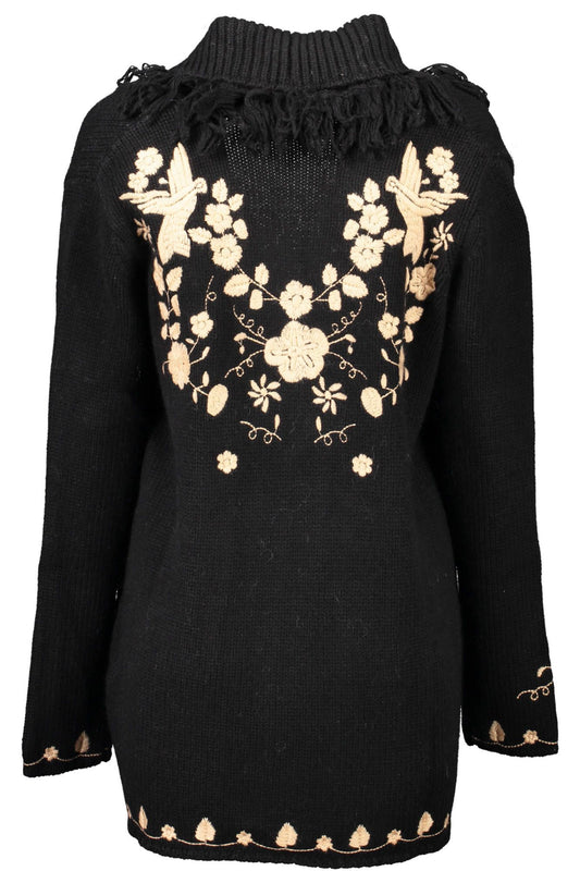 Elegant Black Wool Cardigan with Embroidery