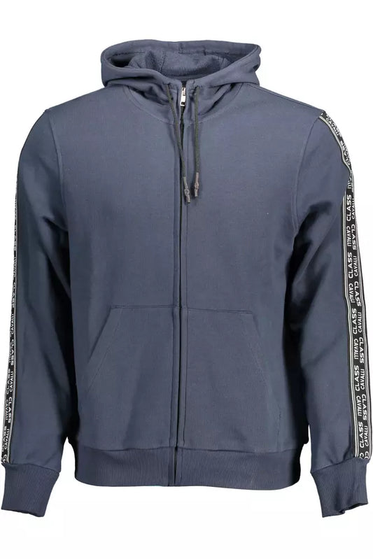 Sleek Blue Cotton Hooded Sweatshirt with Zip Detail