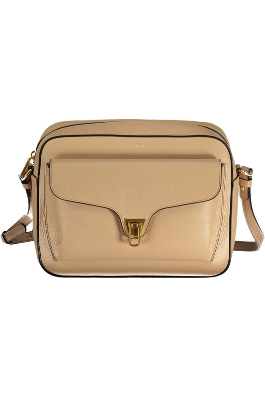 Chic Beige Leather Shoulder Bag with Turn Lock