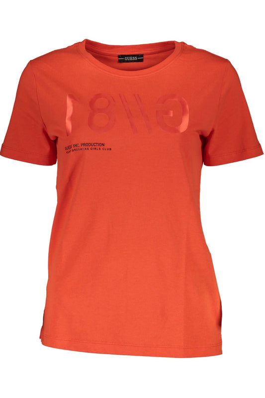 Chic Red Wide Neckline Tee with Logo Print