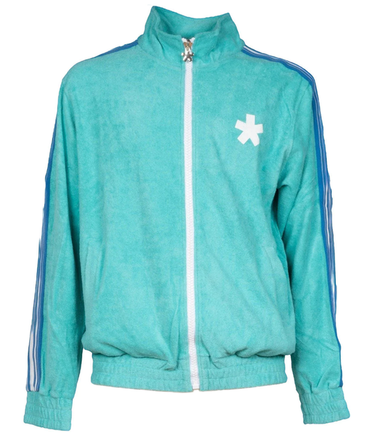 Chic Light Blue Zipper Jacket with Graphic Prints
