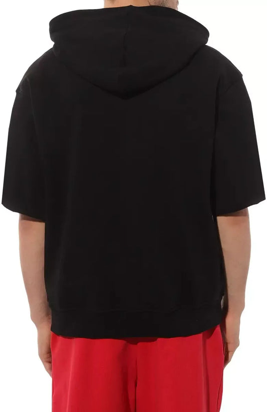 Black Cotton Half-Sleeve Hooded Sweatshirt