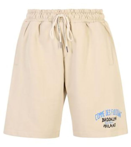 Beige Cotton Bermuda Shorts with Logo Print