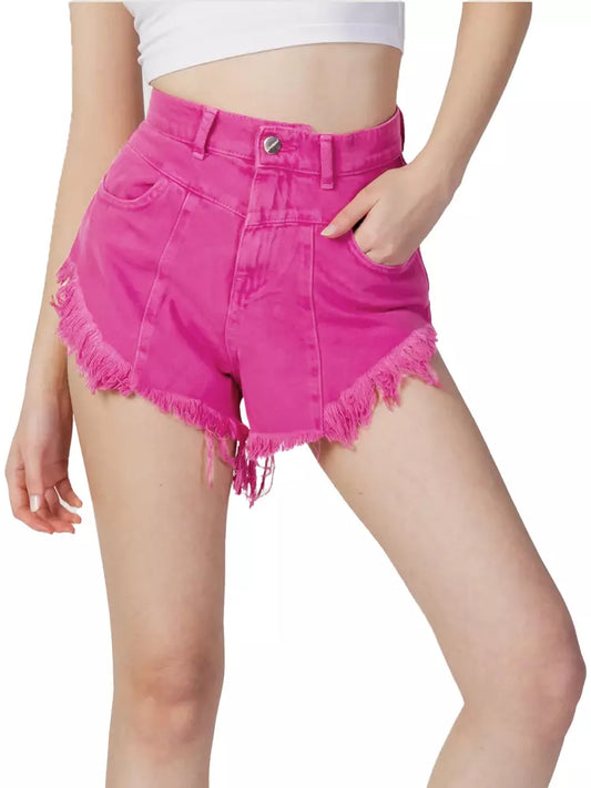 Chic Fuchsia Cotton Shorts with Fringed Edge