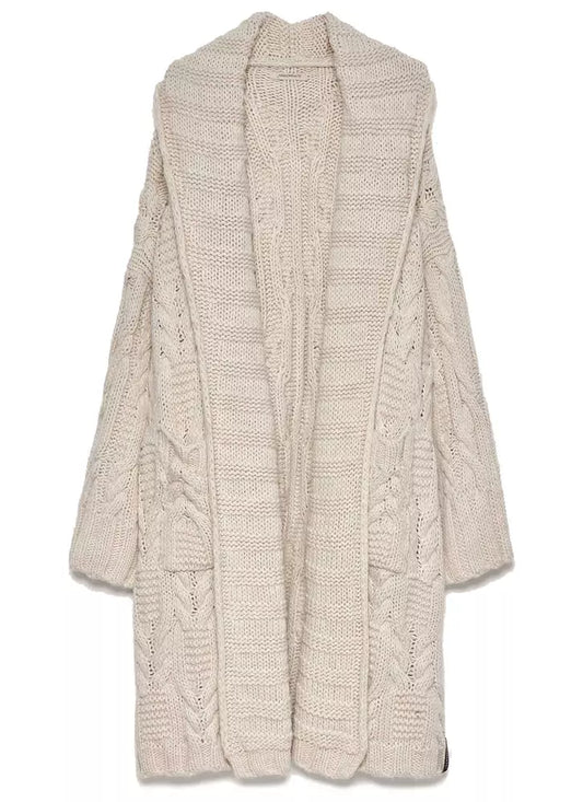 Chic Open Knit Long Dress with Front Pockets in White