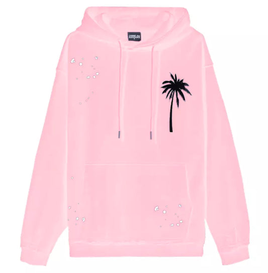 Chic Pink Cotton Hooded Sweatshirt with Palm Print