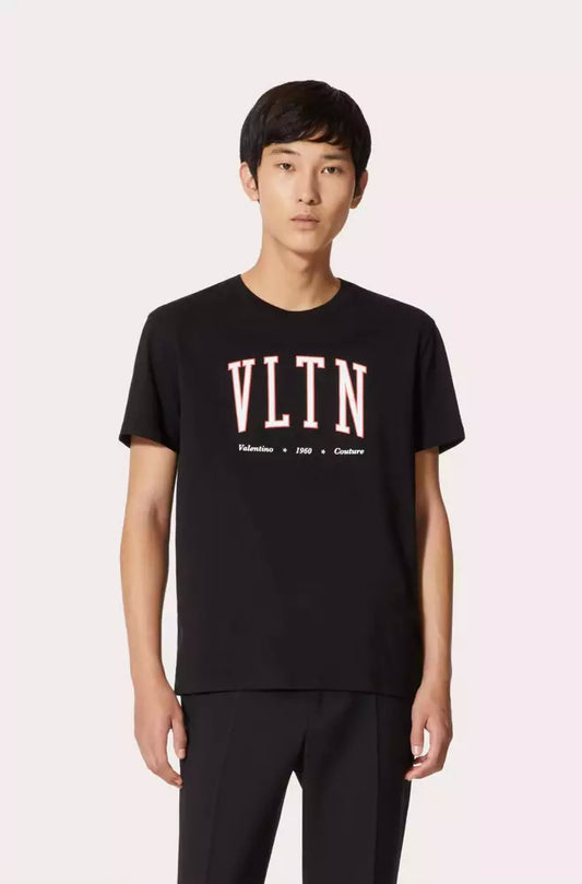 Elegant VLTN Crewneck Cotton T-Shirt in Black