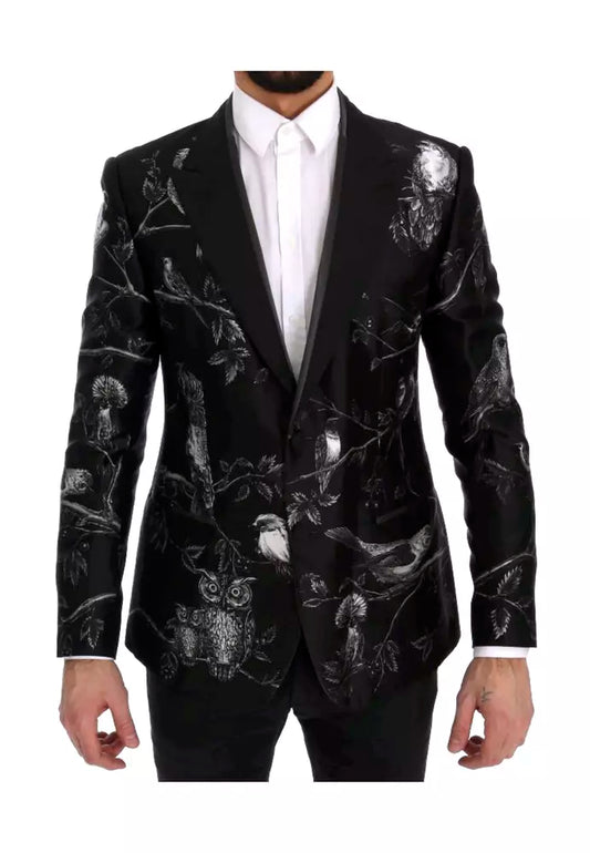 Elegant Silk Two-Button Jacket with Bird Print