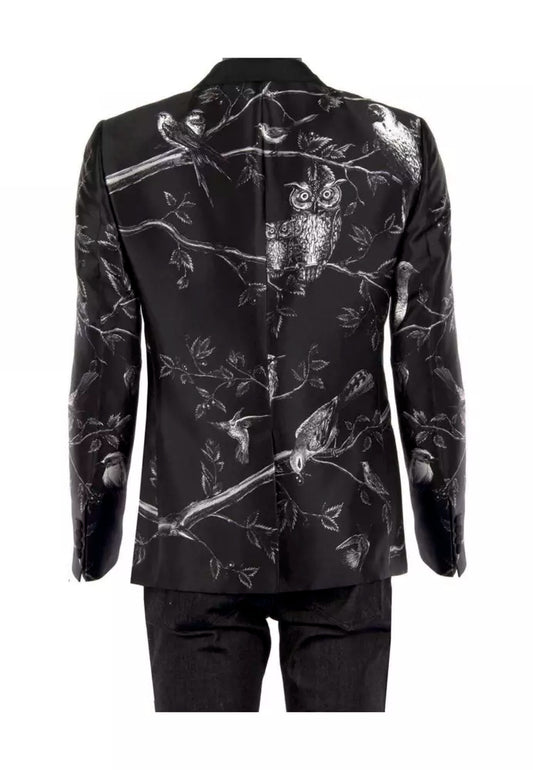 Elegant Silk Two-Button Jacket with Bird Print