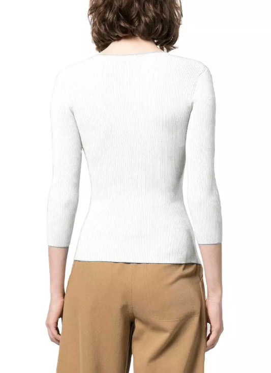 Chic V-Neck Ribbed Sweater with Quarter Sleeves