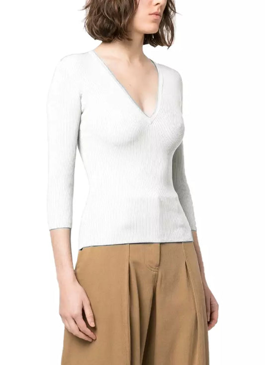 Chic V-Neck Ribbed Sweater with Quarter Sleeves