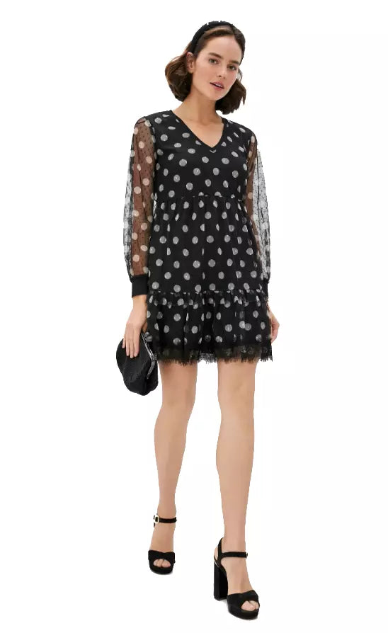 Polka Dot Tulle Midi Dress with Lace Details