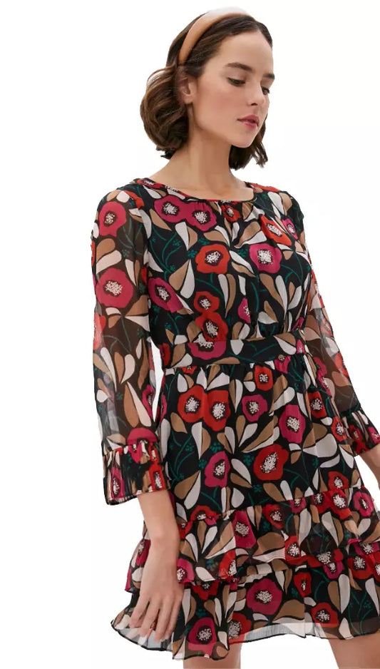 Multicolor Floral Crepe Midi Dress with Ribbon Waist