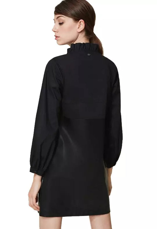 Elegant Dual-Fabric Ruffle Collar Dress