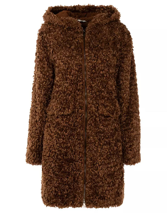 Plush Eco-Fur Coat with Hood in Brown