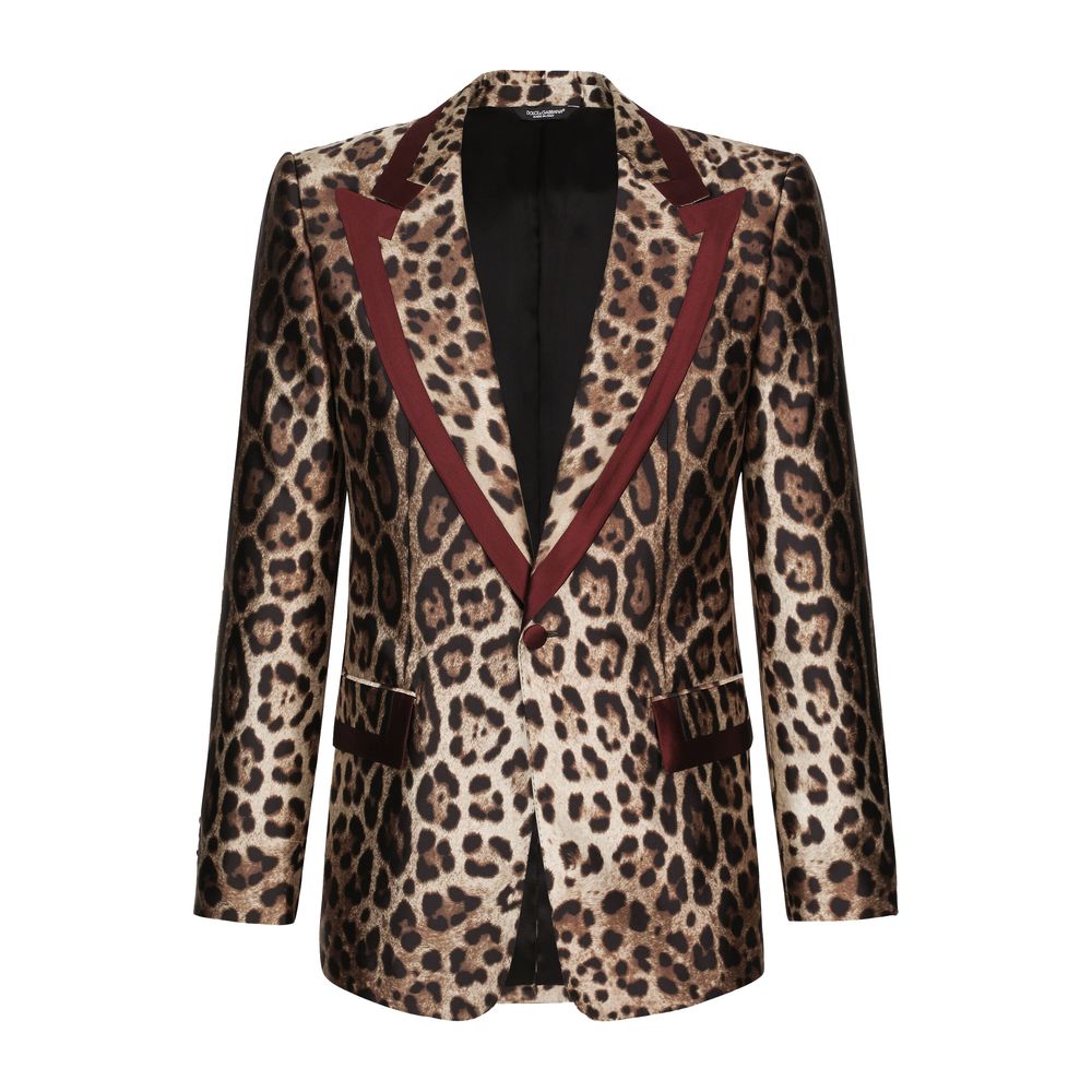 Elegant Leopard Print Silk Tuxedo Jacket