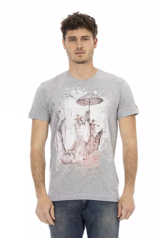 Chic Gray Cotton-Blend Tee with Artistic Front Print
