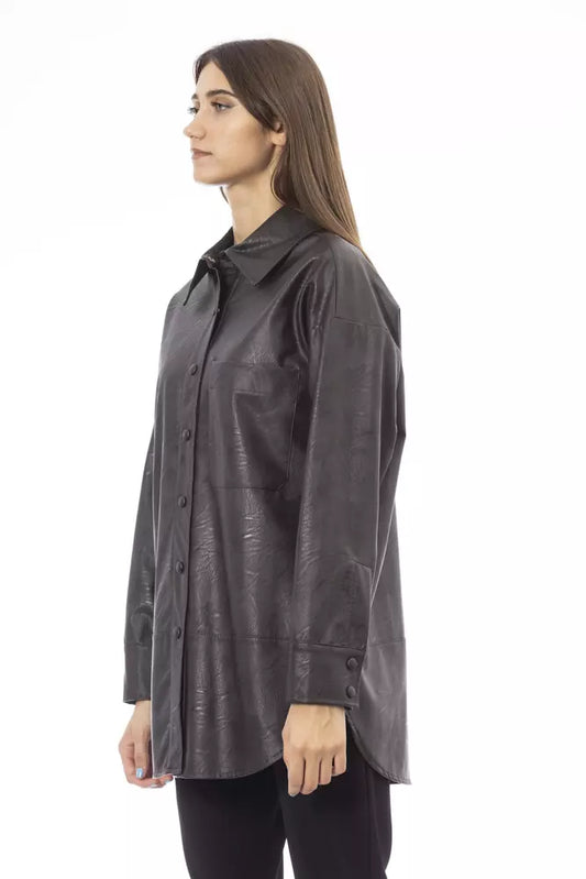 Chic Brown Leatherette Shirt with Front Pocket