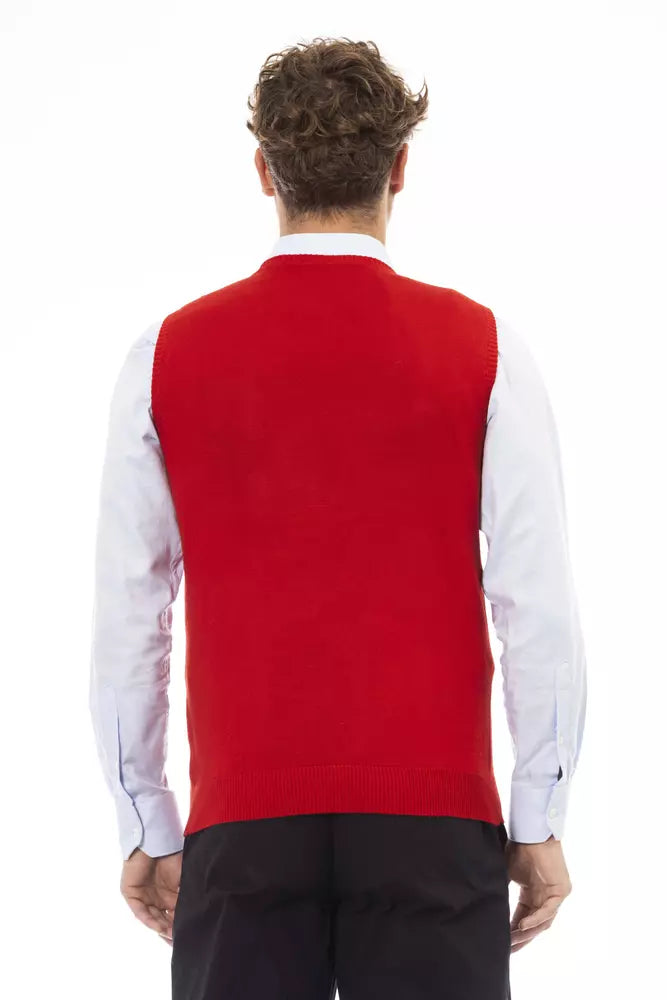Elegant V-Neck Red Vest in Fine Rib Knit