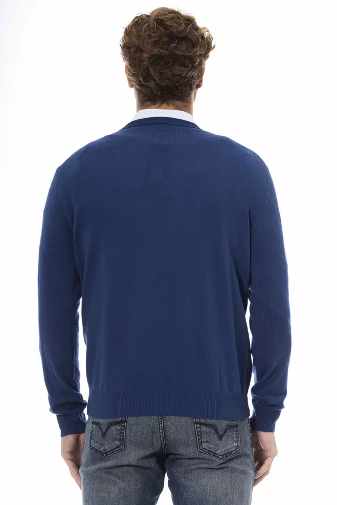 Elegant Blue V-Neck Wool Sweater