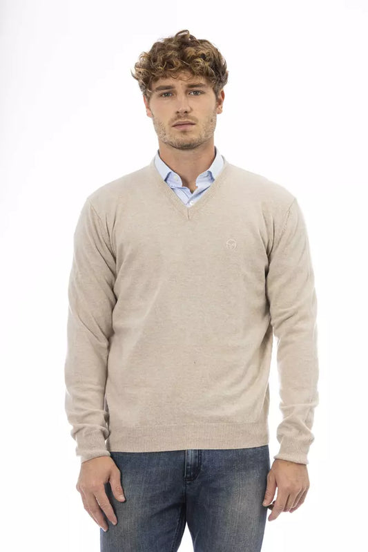 Elegant Beige Wool V-Neck Sweater