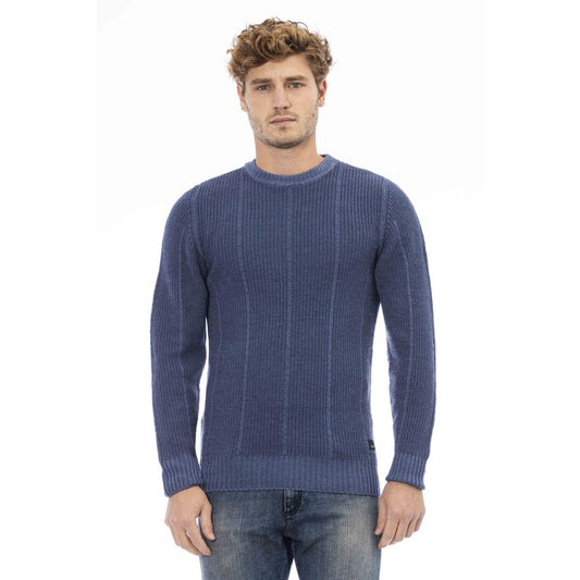 Elegant Crewneck Blue Wool Sweater