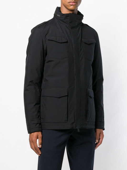 Sleek Black Polyester Hooded Jacket