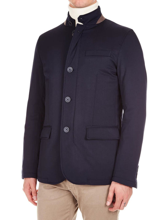 Elegant Blue Wool Coat with High Collar