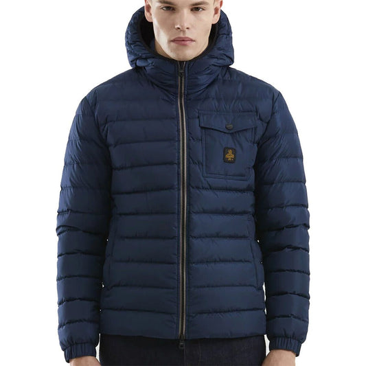 Chic Blue Nylon Down Jacket with Hood