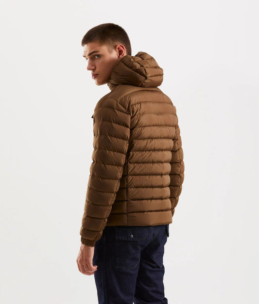 Hooded Down Jacket with Zip and Button Pockets