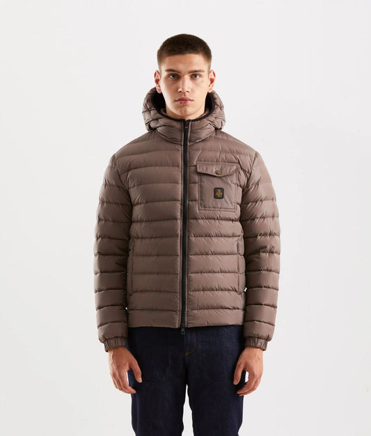 Beige Hooded Down Jacket with Pockets