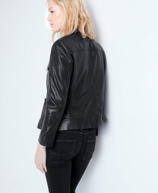 Elegant Black Leather Multi-Pocket Jacket