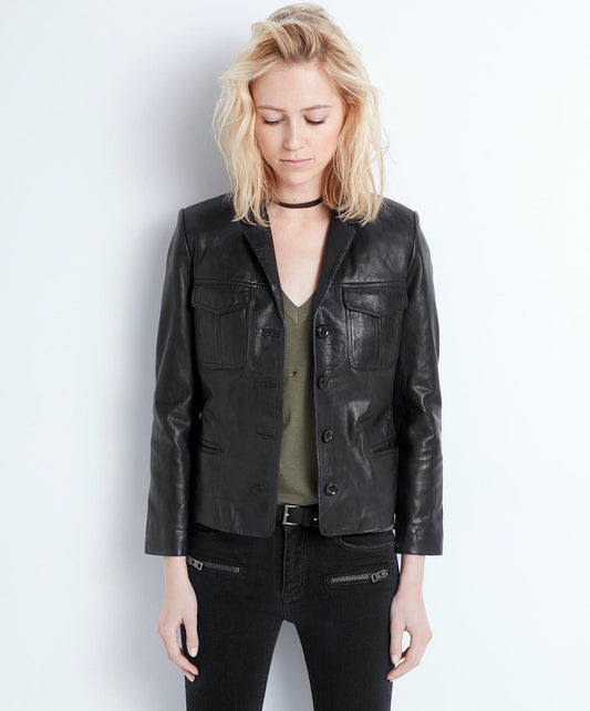 Elegant Black Leather Multi-Pocket Jacket