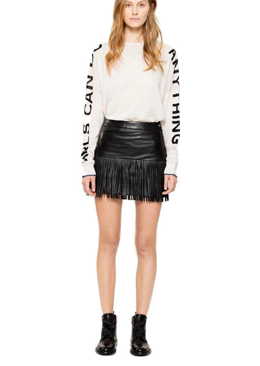 Chic Fringe-Trimmed Faux Leather Skirt