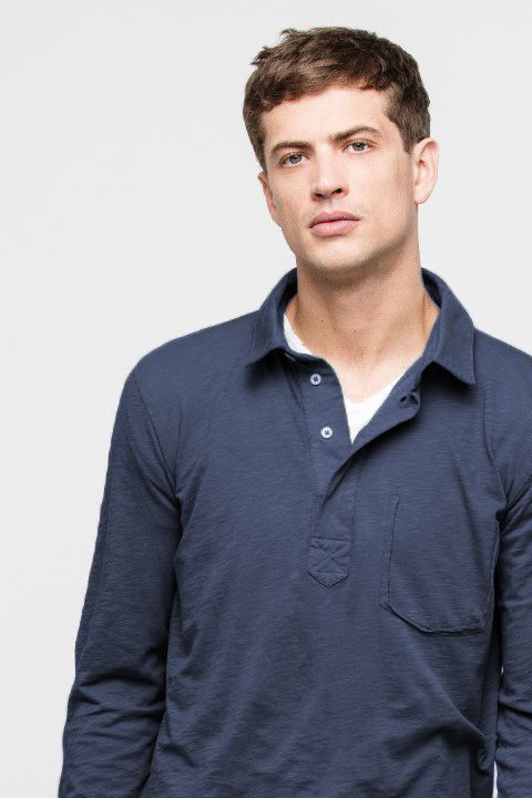 Chic Blue Jersey Polo Neck Tee with Chest Pocket