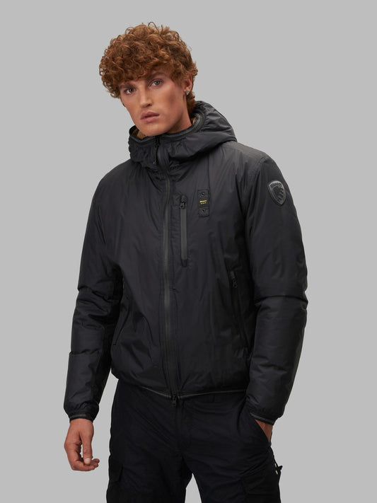 Elegant Black Nylon Jacket with Eco-Fur Hood