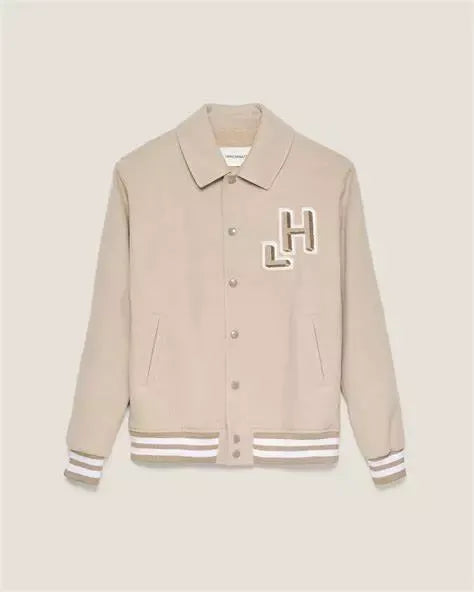 Chic Beige Bomber Jacket with Elegant Patch Detail