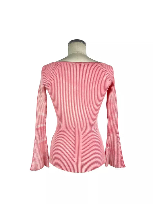 Peony Pink Long-Sleeved Ribbed V-Neck Sweater