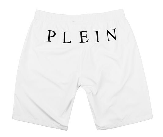 White Logo Print Men's Long Boxer Swim Shorts
